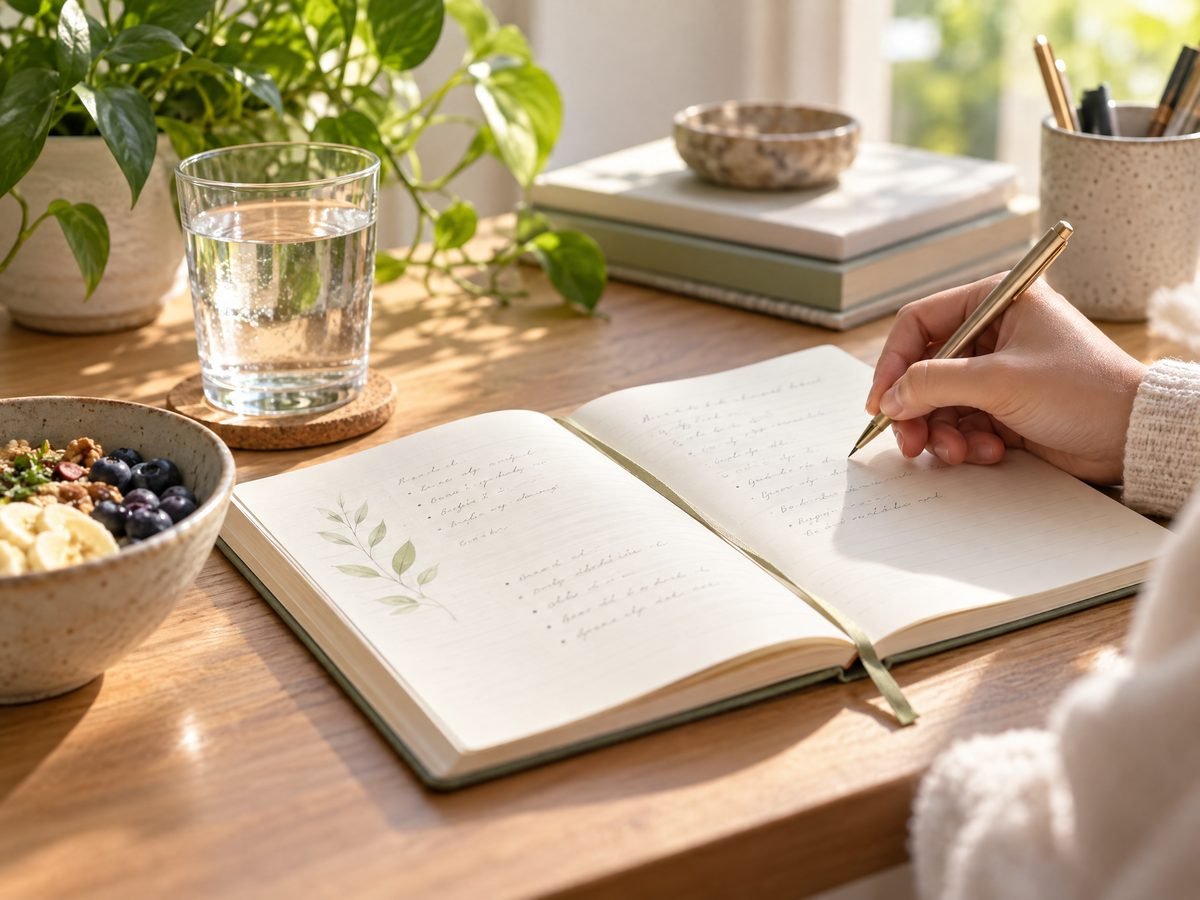 A wellness journal, water and a green plant in morning light