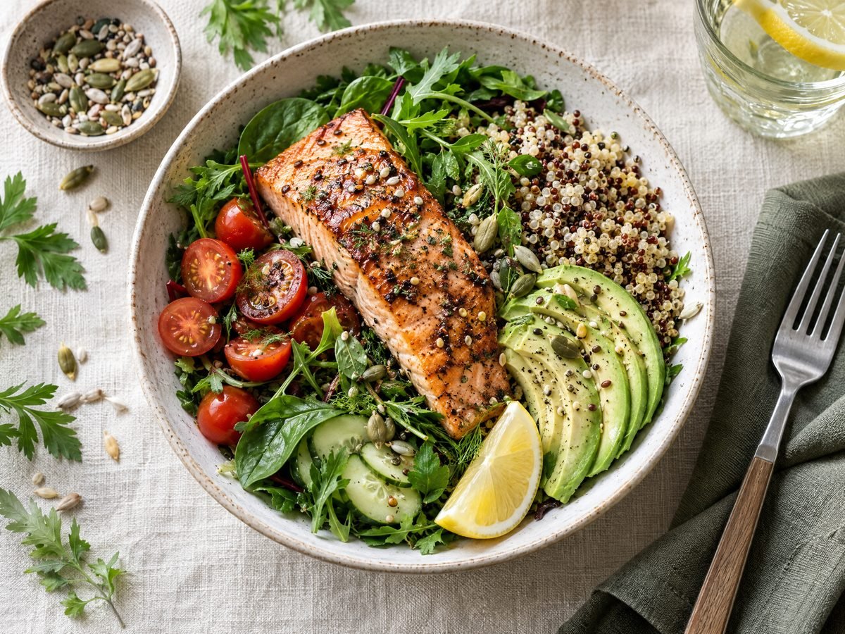 A colorful, nourishing meal with greens and avocado